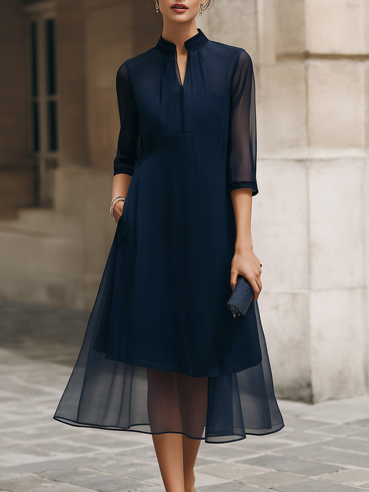 Rochie midi cu guler mandarin și suprapunere transparentă