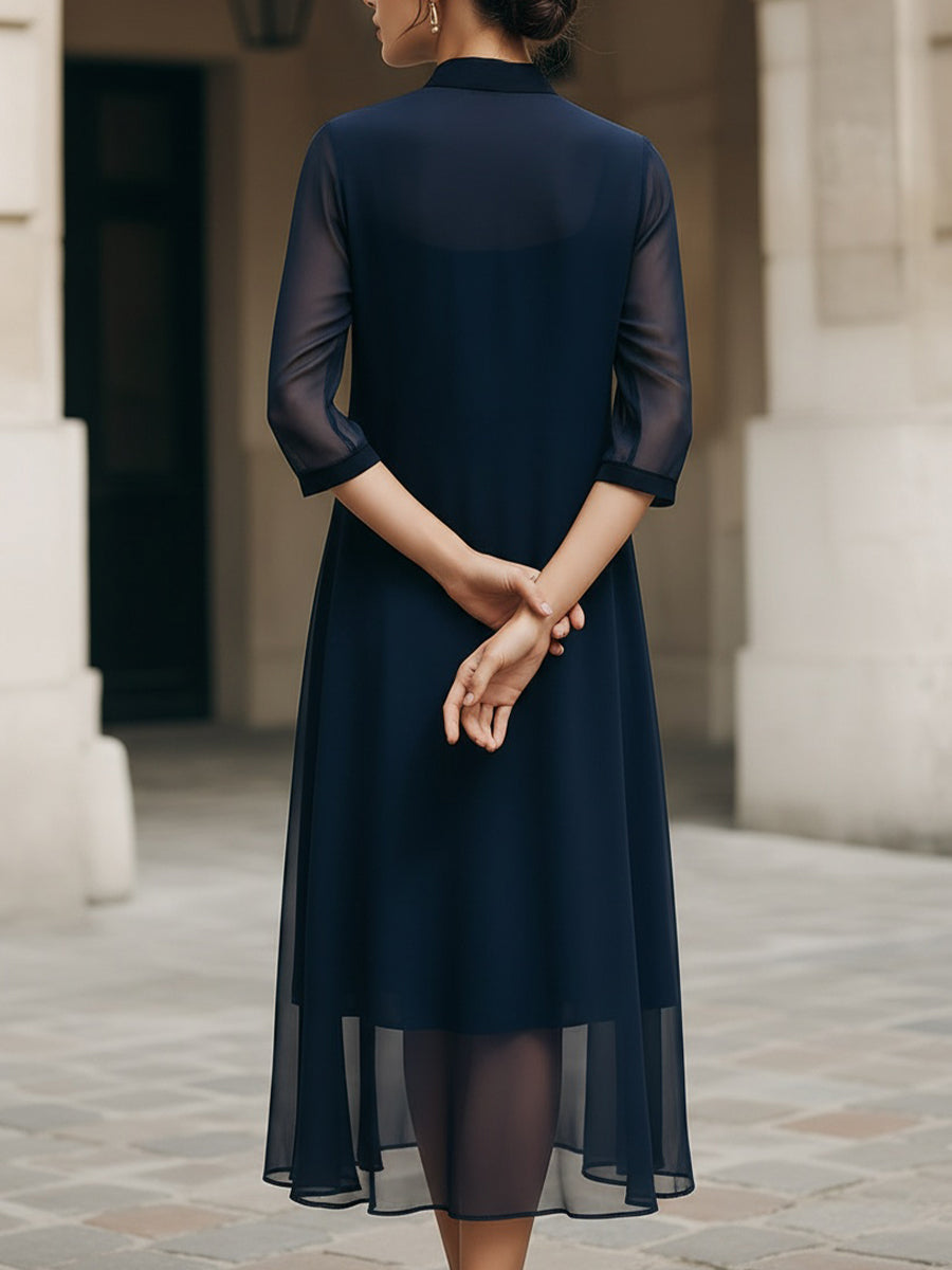 Rochie midi cu guler mandarin și suprapunere transparentă