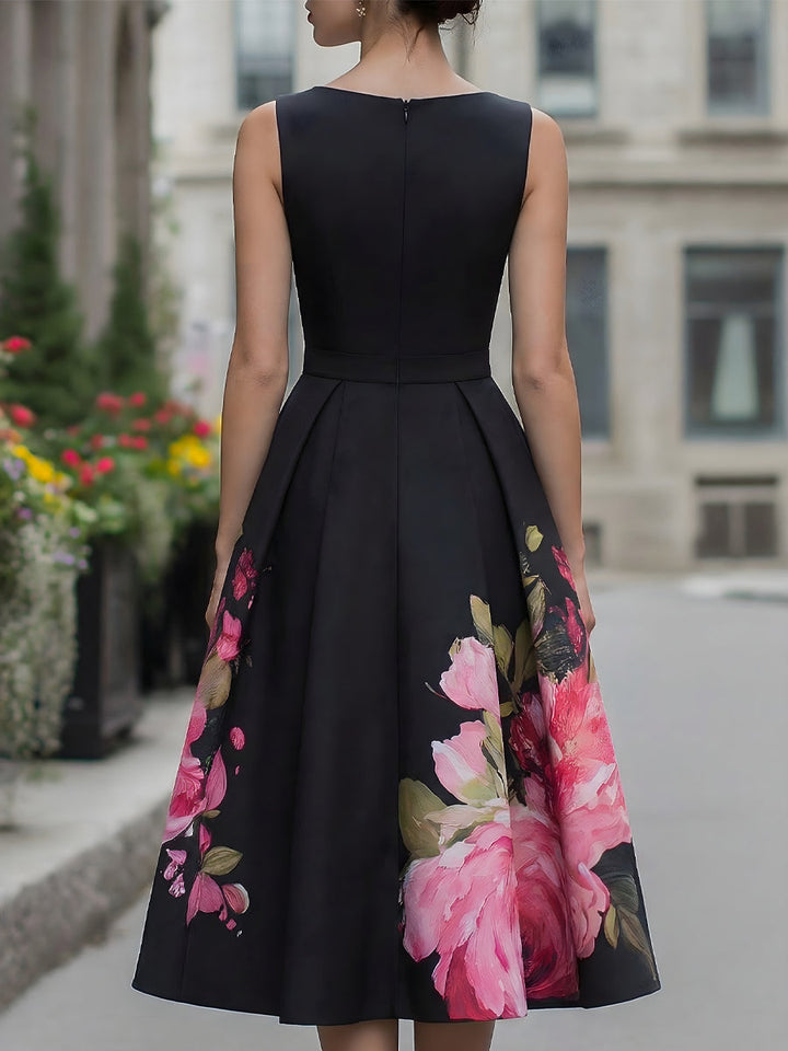 Rochie Midi Elegantă, Fără Mâneci, cu Imprimeu Floral pe Fustă