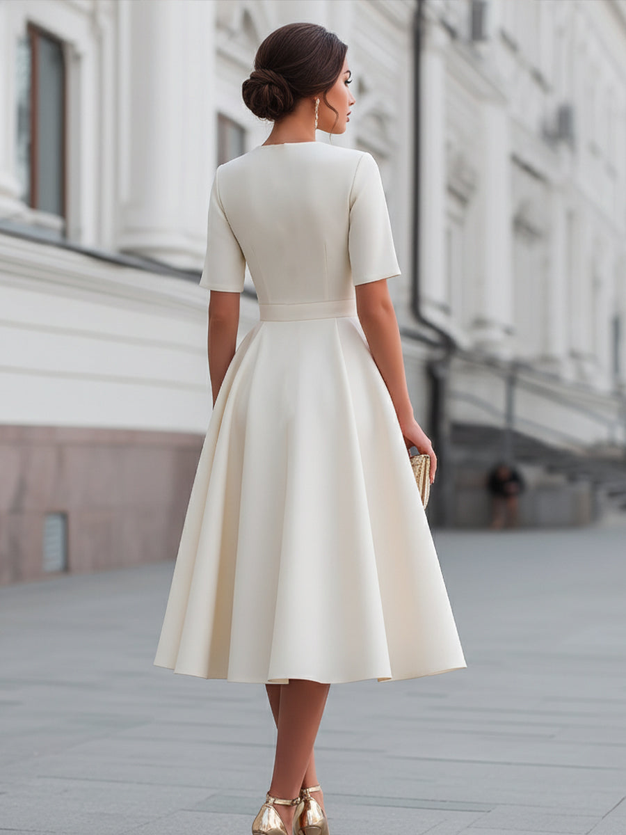 Rochie midi cu mâneci scurte și fermoar în față, model fit and flare