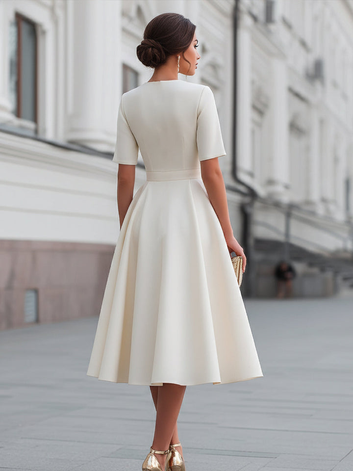 Rochie midi cu mâneci scurte și fermoar în față, model fit and flare