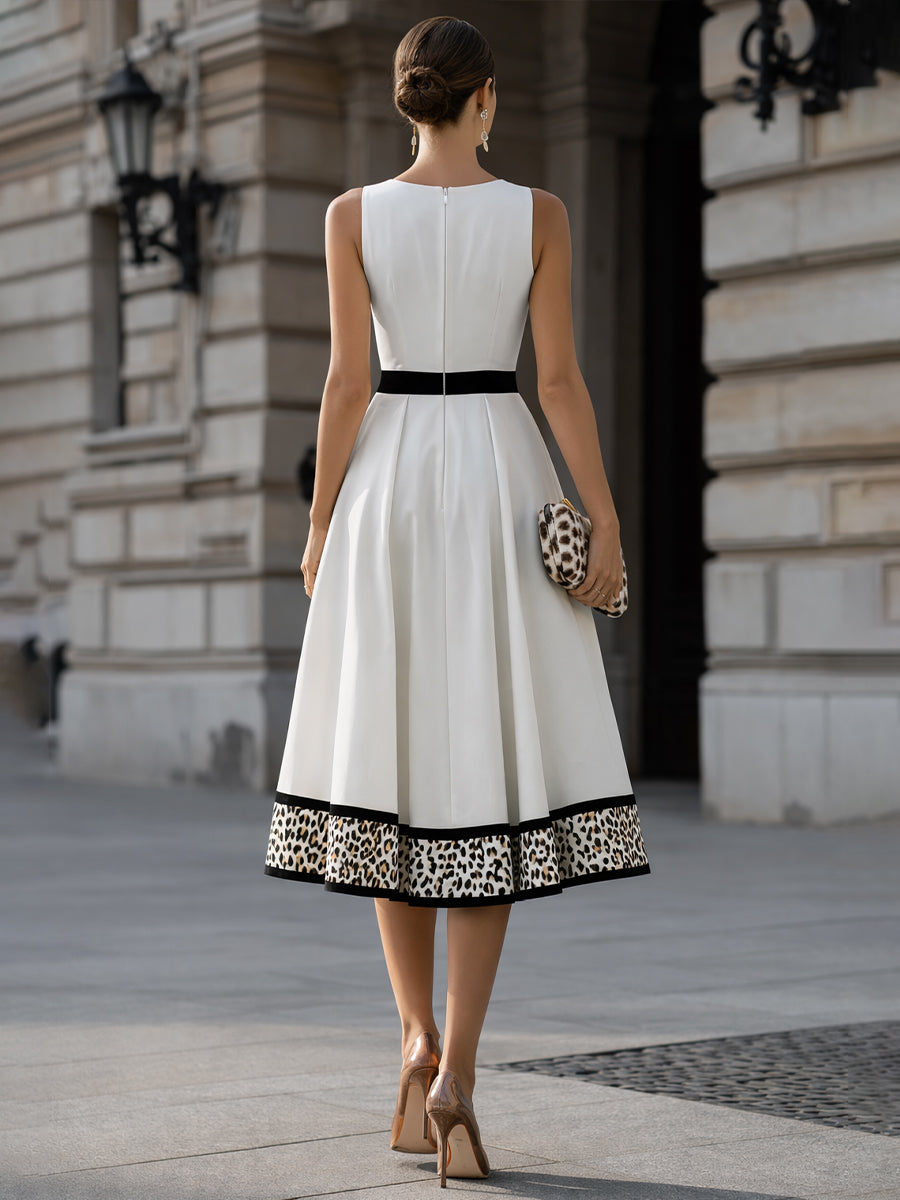 Rochie Midi în Linie A cu betelie contrastantă și dungă pete de leopard