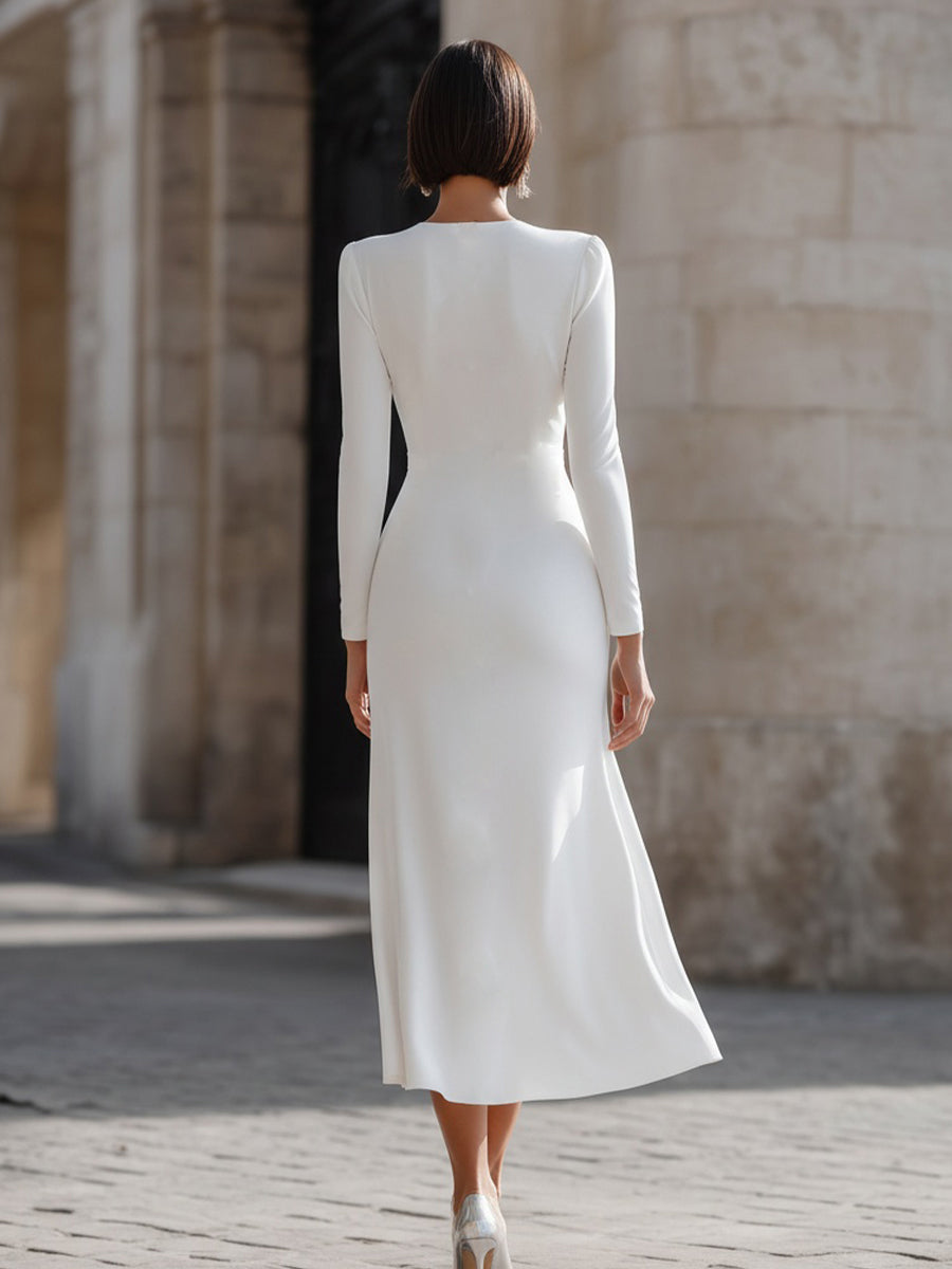 Rochie midi cu decolteu în V și încrețituri