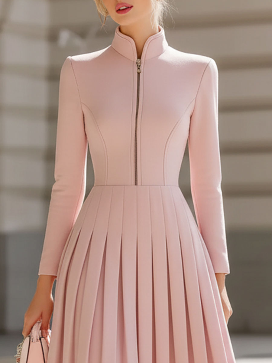Rochie Midi Elegantă Plisată Roz cu Guler Ridicat