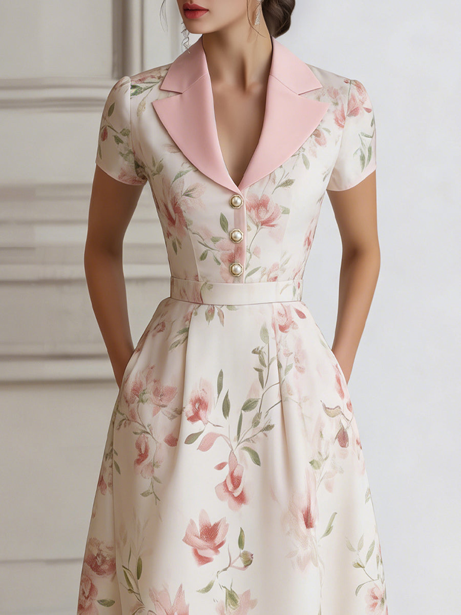 Rochie Midi Florală cu Mânecă Scurtă și Talie Cambrată