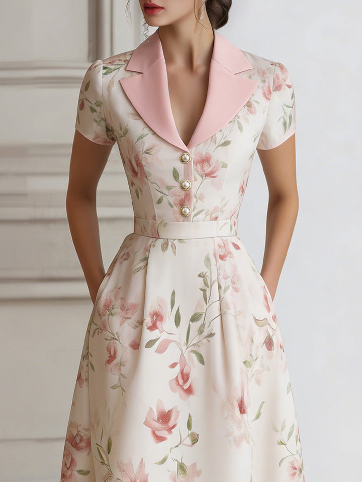 Rochie Midi Florală cu Mânecă Scurtă și Talie Cambrată
