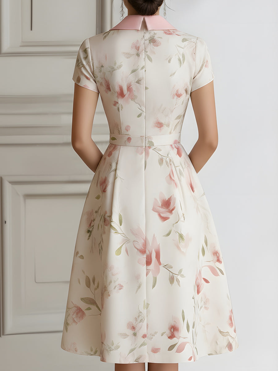 Rochie Midi Florală cu Mânecă Scurtă și Talie Cambrată
