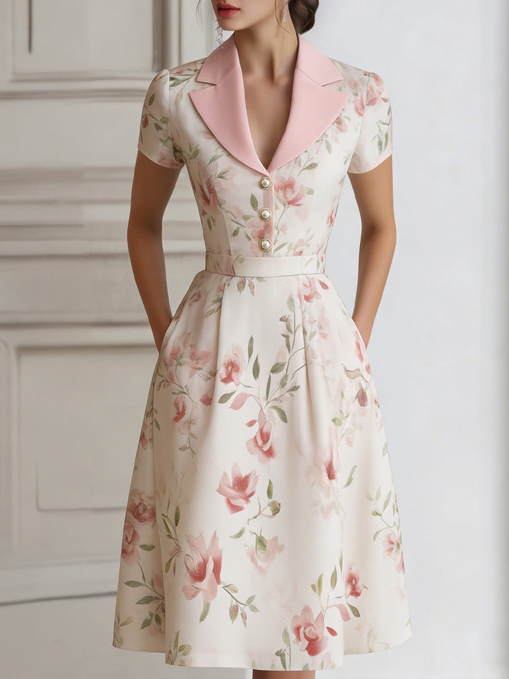 Rochie Midi Florală cu Mânecă Scurtă și Talie Cambrată