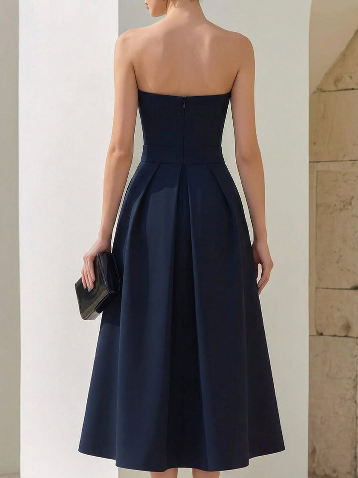 Rochie Midi fără Bretele în Stil A, cu Pliuri