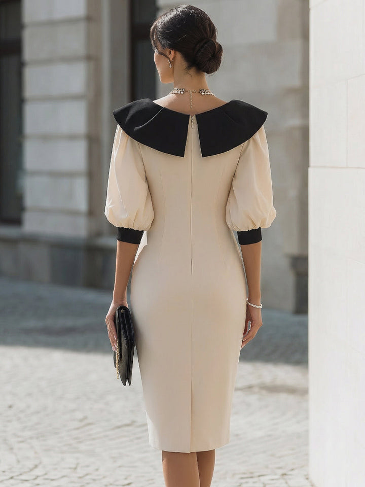 Rochie midi cu guler plisat contrastant și mâneci bufante