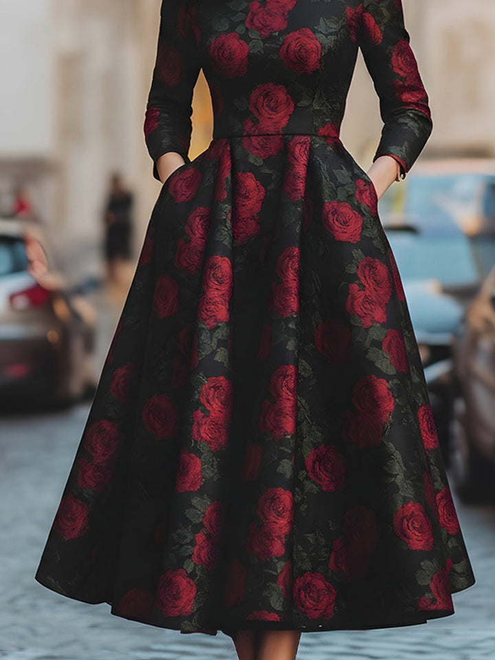 Rochie Midi Elegantă cu Trandafiri în Jacard