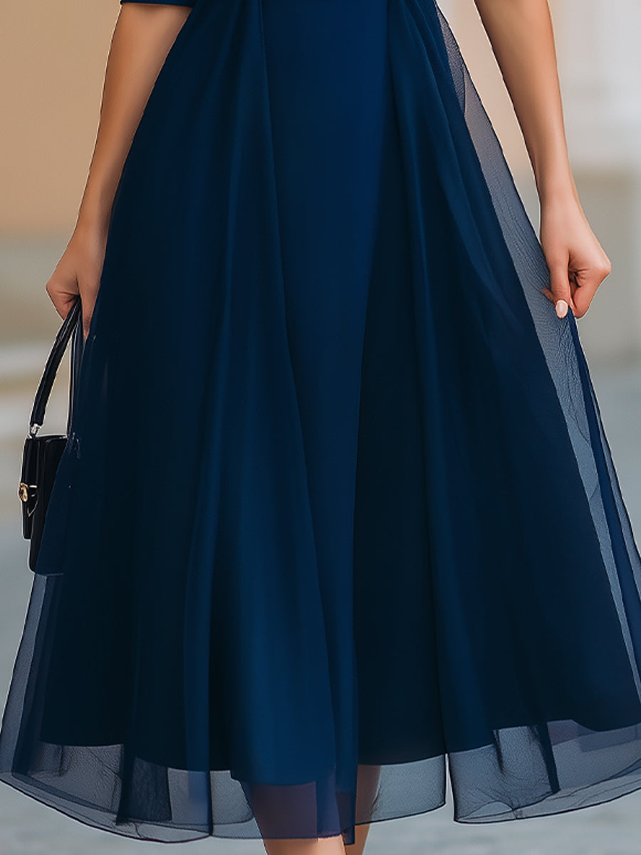 Rochie midi albastru marin, transparentă, tip fit-and-flare