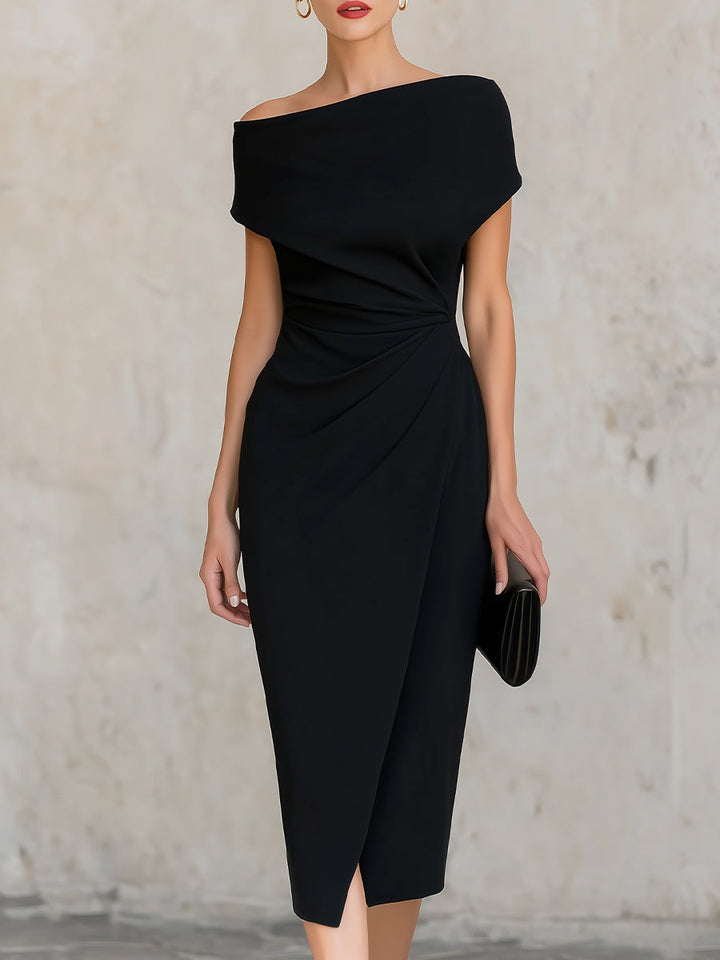 Rochie midi asimetrică minimalistă neagră, pe un singur umăr