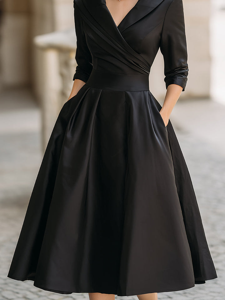 Rochie midi vintage din satin cu guler drapat