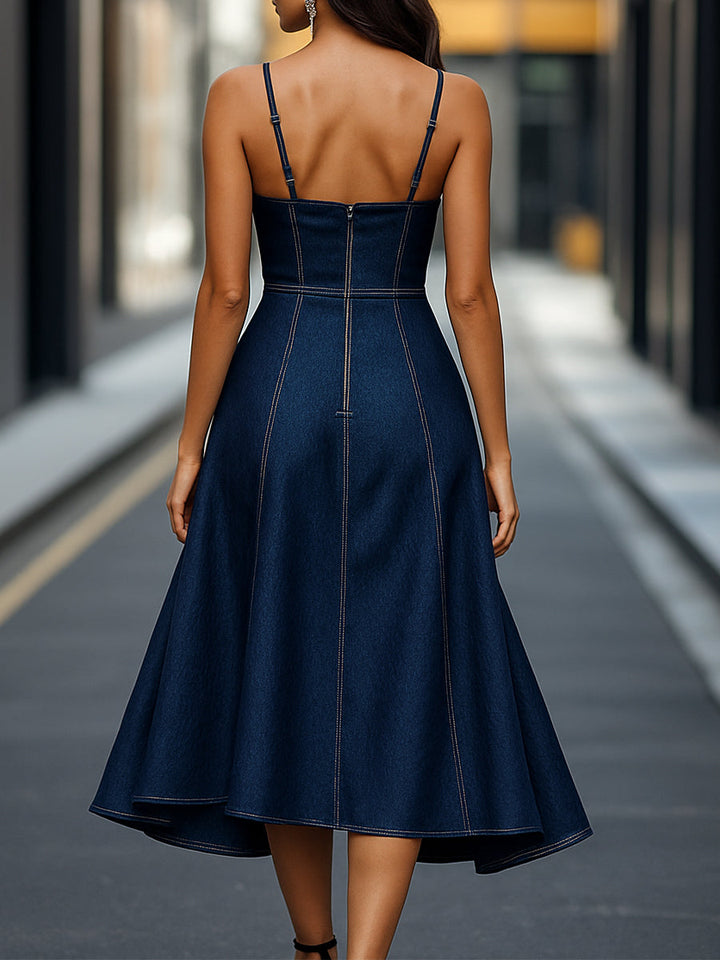 Rochie midi din denim, de culoare albastru închis, fără mâneci