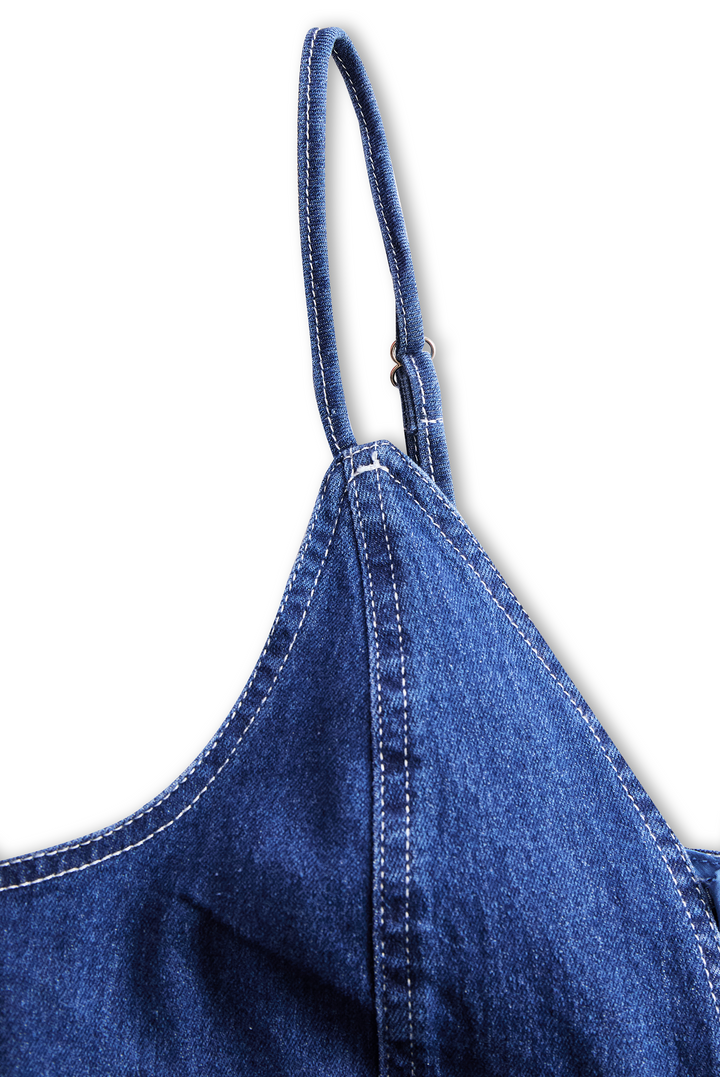 Rochie midi din denim, de culoare albastru închis, fără mâneci
