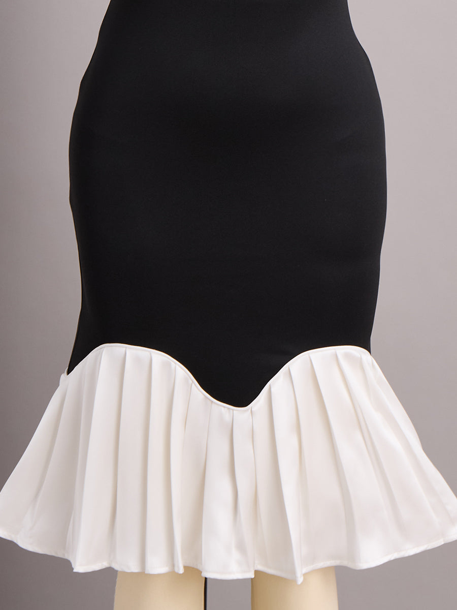 Rochie midi elegantă alb-negru, cu guler înalt