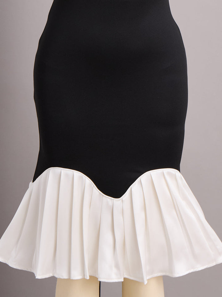 Rochie midi elegantă alb-negru, cu guler înalt