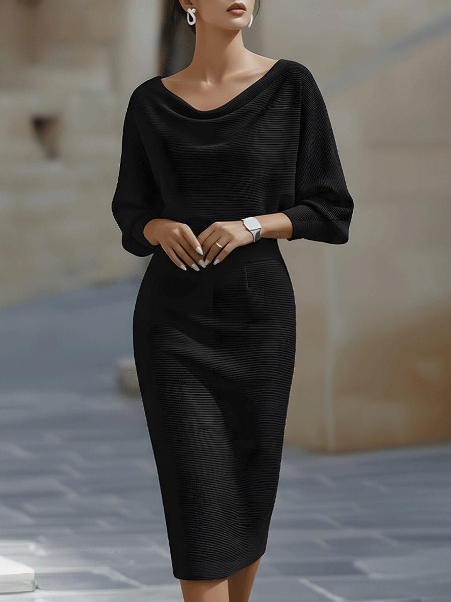 Rochie Midi Albă Drapată cu Mâneci Lărgite