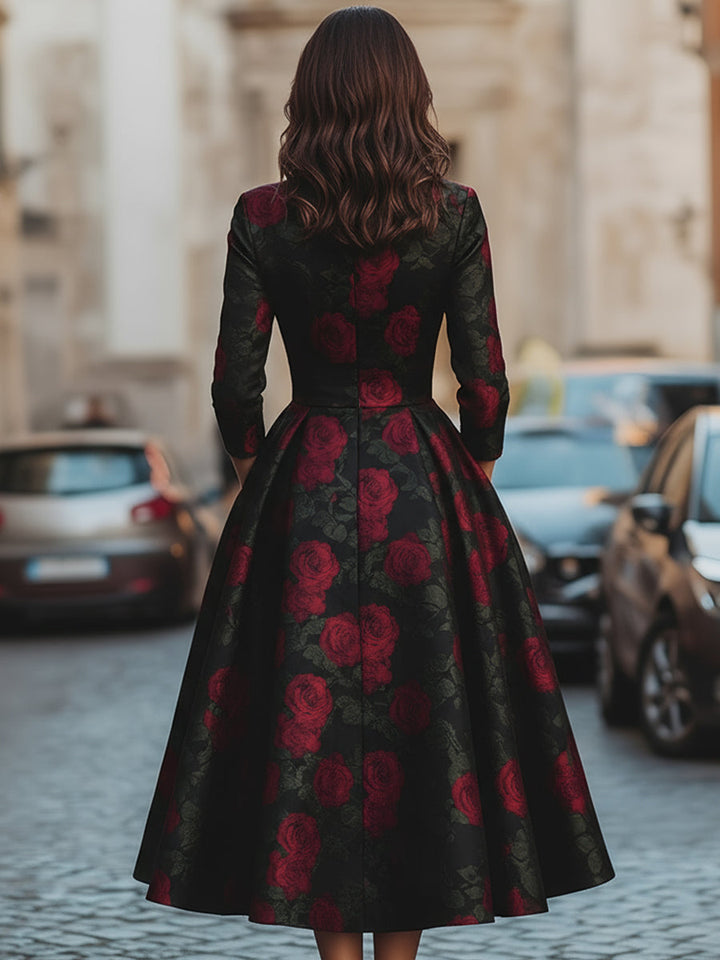 Rochie Midi Elegantă cu Trandafiri în Jacard