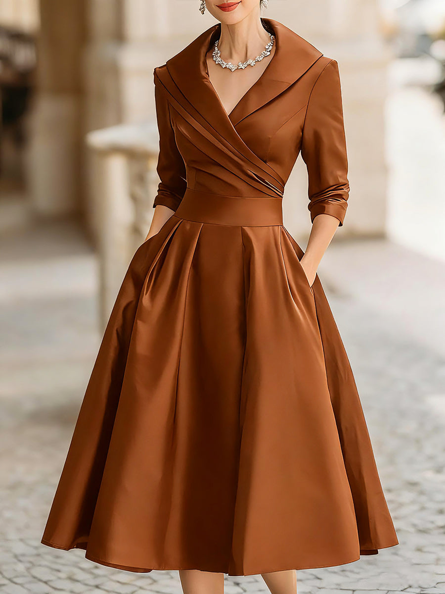 Rochie midi vintage din satin cu guler drapat