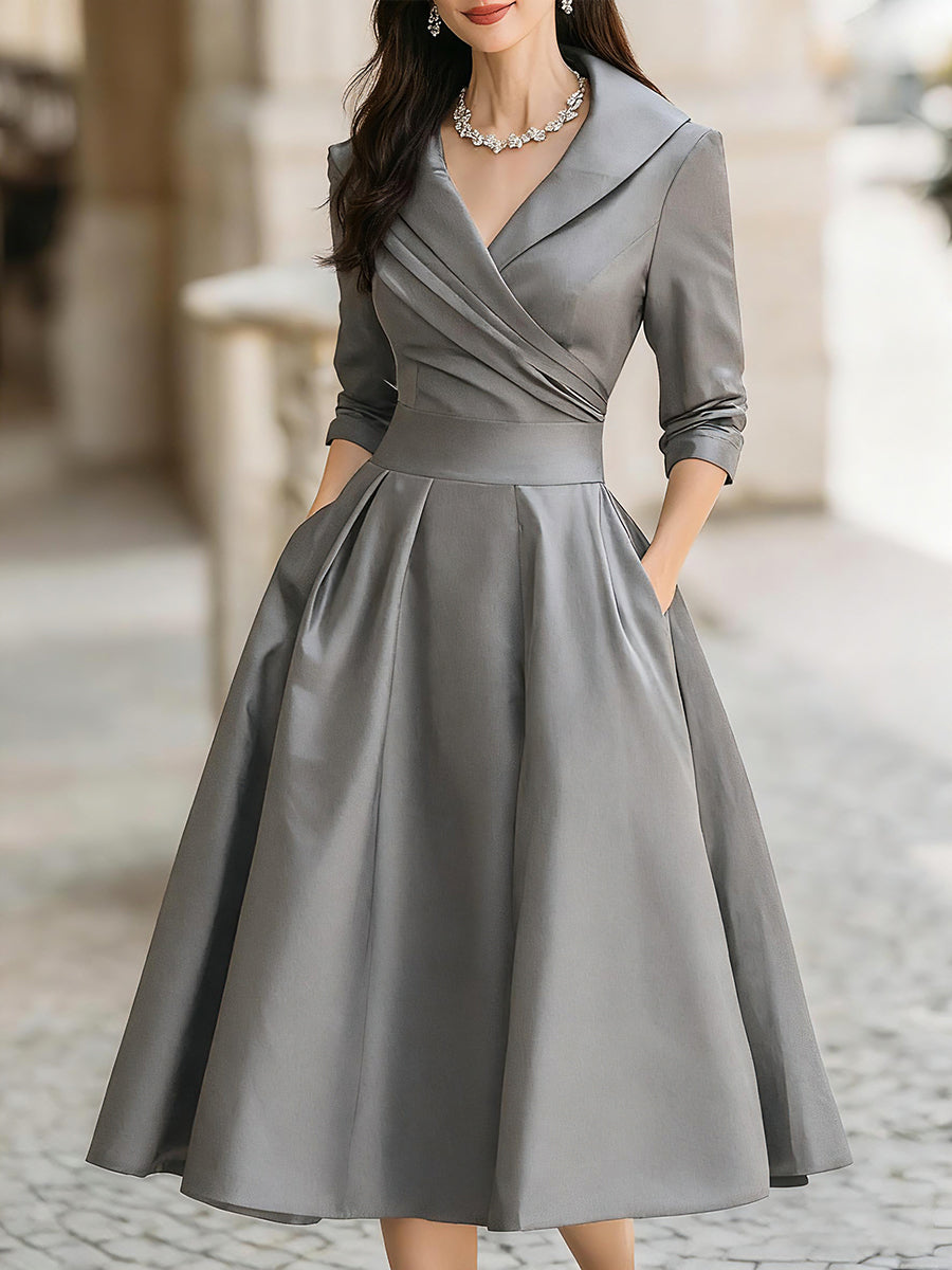 Rochie midi vintage din satin cu guler drapat