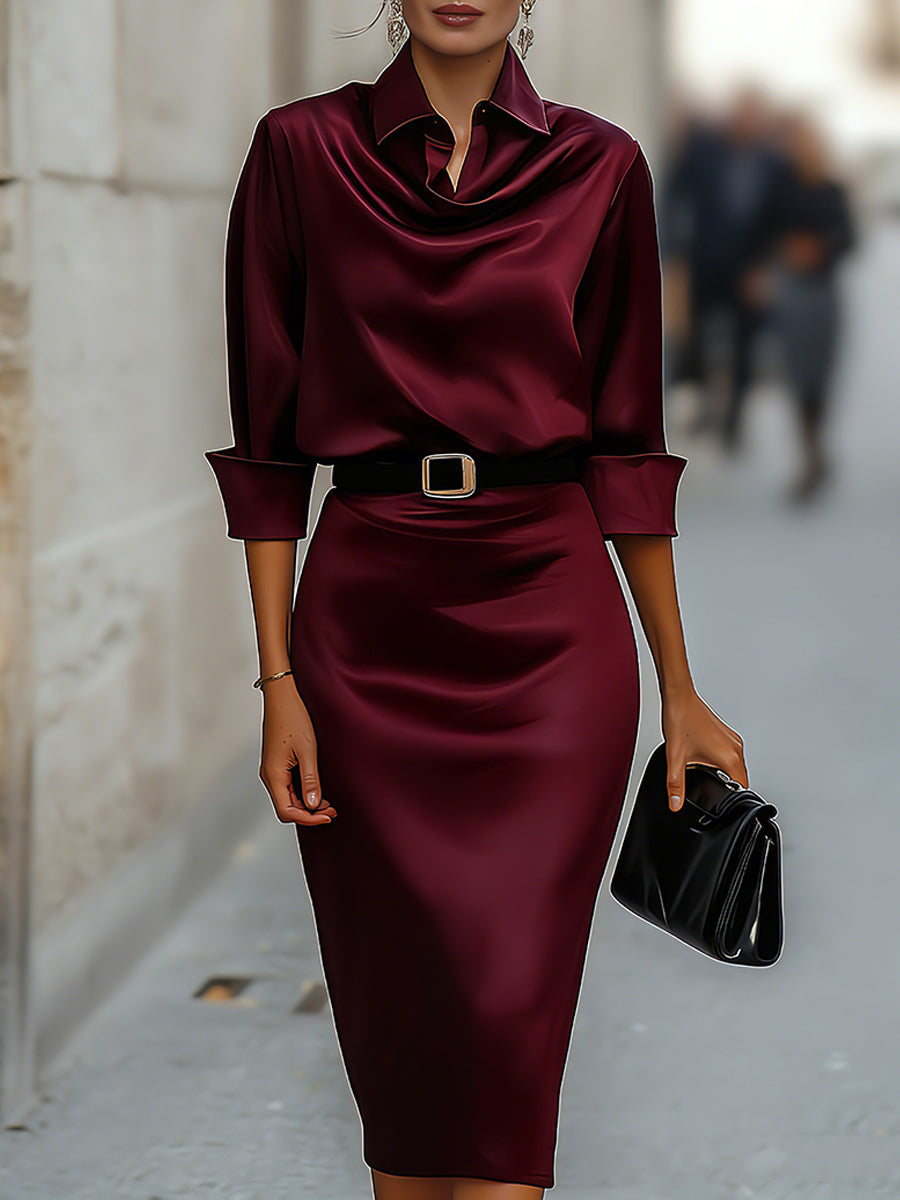 Rochie Midi Elegantă din Satin cu Guler Drapat și Curea Neagră