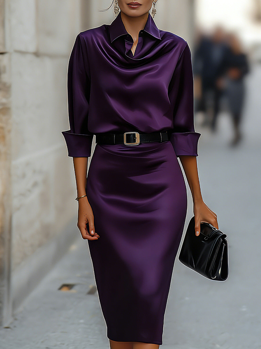 Rochie Midi Elegantă din Satin cu Guler Drapat și Curea Neagră