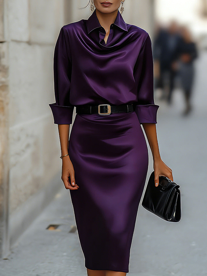 Rochie Midi Elegantă din Satin cu Guler Drapat și Curea Neagră