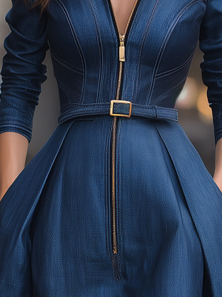 Rochie midi elegantă din denim cu fermoar și curea