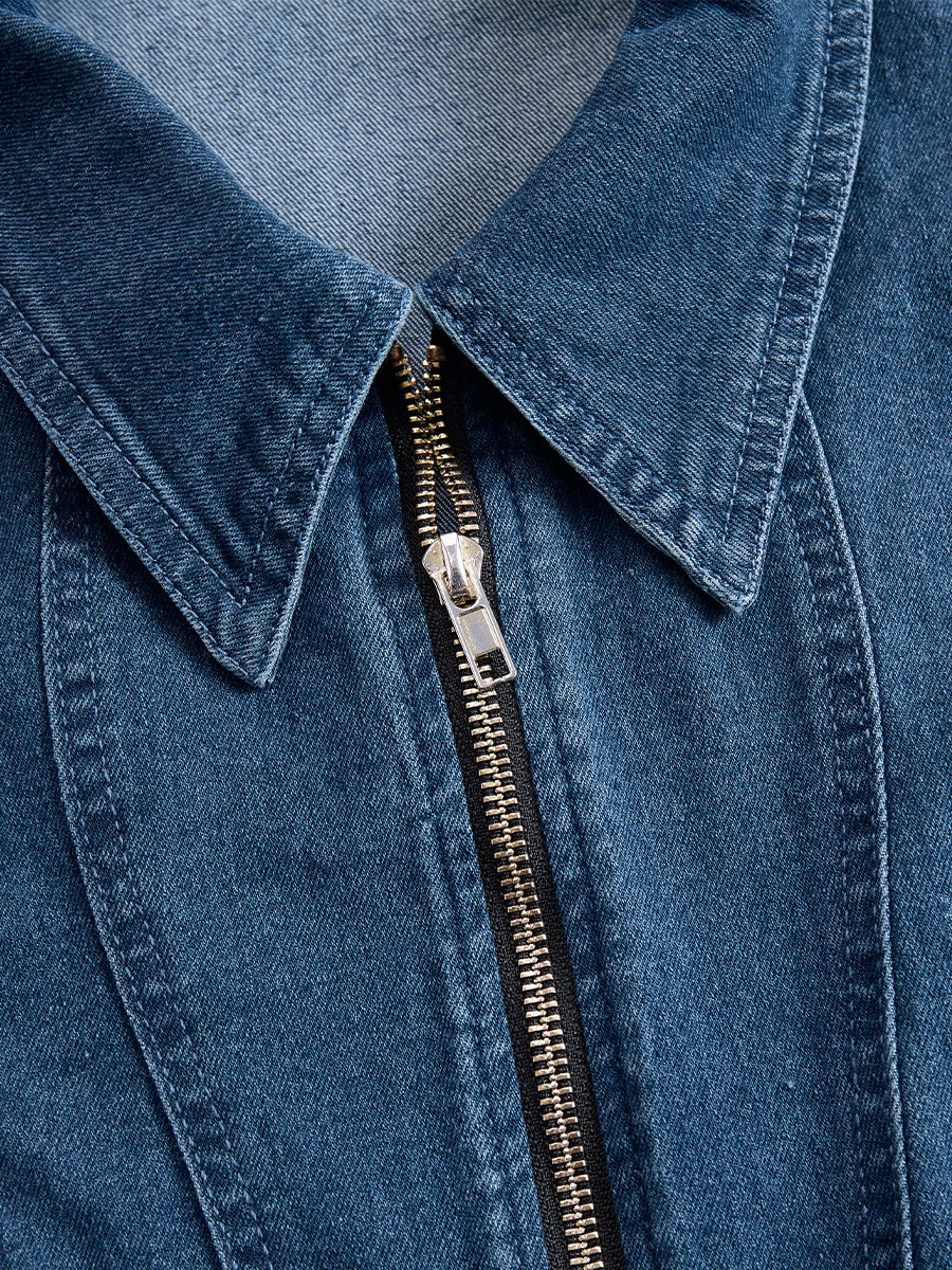 Rochie midi elegantă din denim cu fermoar și curea