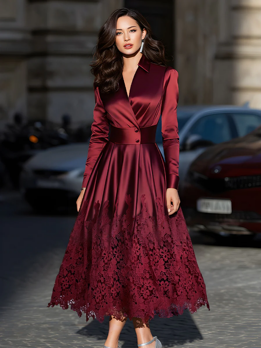 Rochie Midi din Satin Bordeaux cu Curea și Tiv din Dantelă