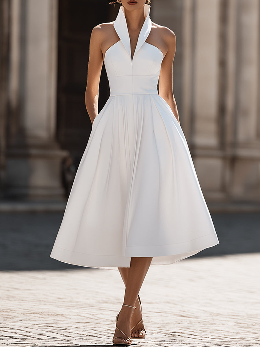 Rochie midi A-line cu guler tip halter