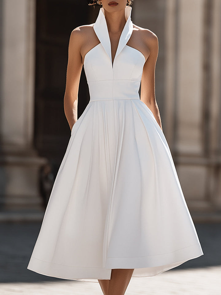 Rochie midi A-line cu guler tip halter