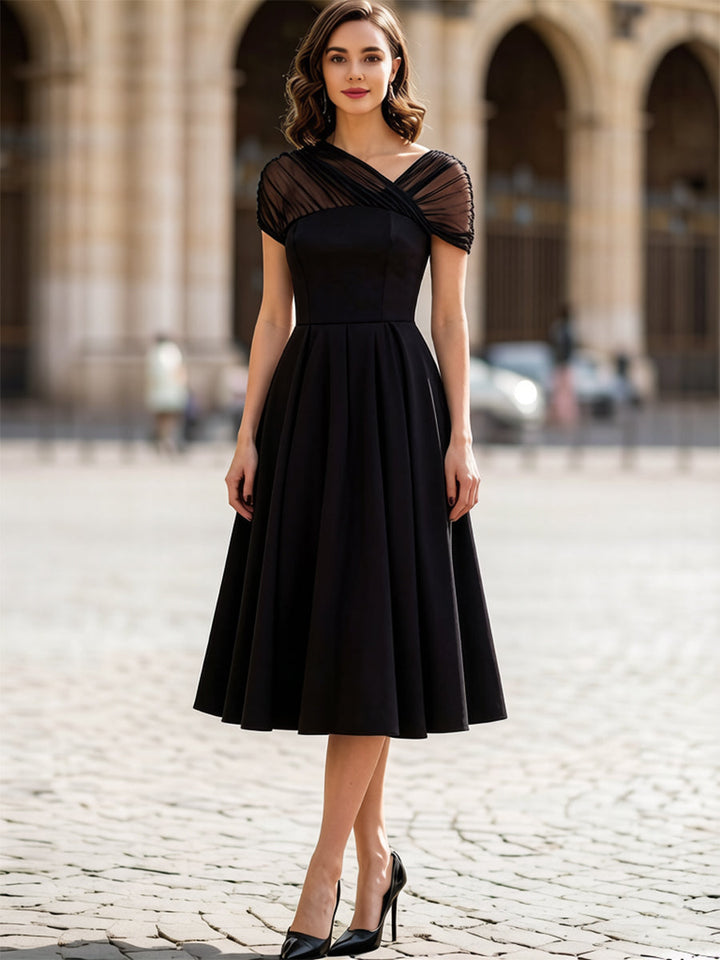 Rochie Midi Neagră Transparentă din Tulle cu Mâneci Bufante