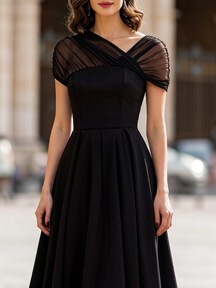 Rochie Midi Neagră Transparentă din Tulle cu Mâneci Bufante