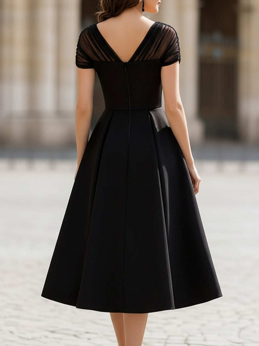 Rochie Midi Neagră Transparentă din Tulle cu Mâneci Bufante