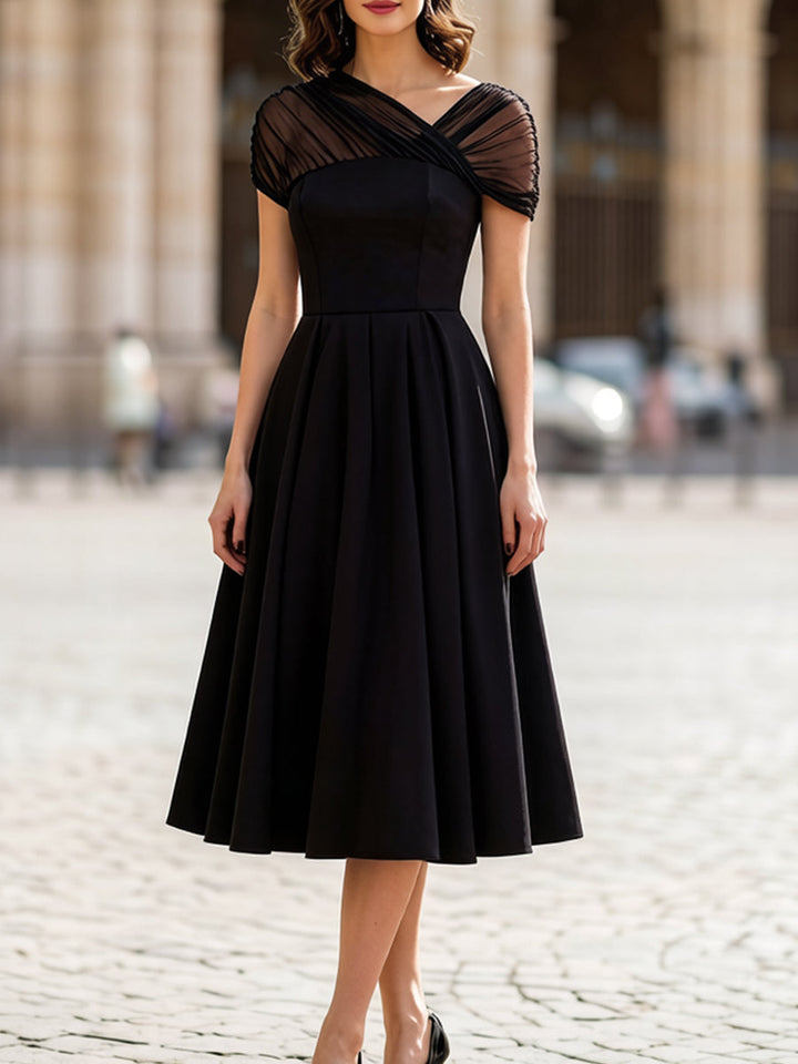 Rochie Midi Neagră Transparentă din Tulle cu Mâneci Bufante