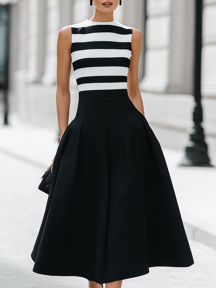 Rochie midi elegantă, în dungi, fără mâneci, cu buzunare