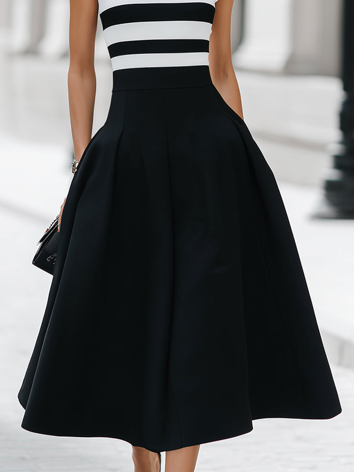 Rochie midi elegantă, în dungi, fără mâneci, cu buzunare