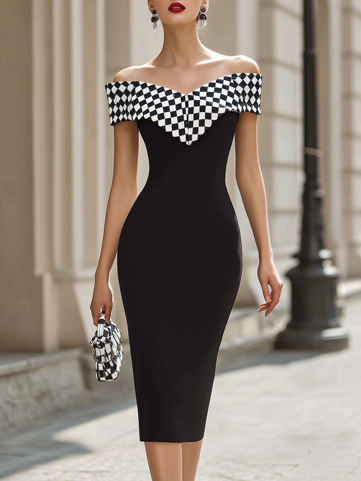 Rochie midi elegantă alb-negru, cu umerii goi