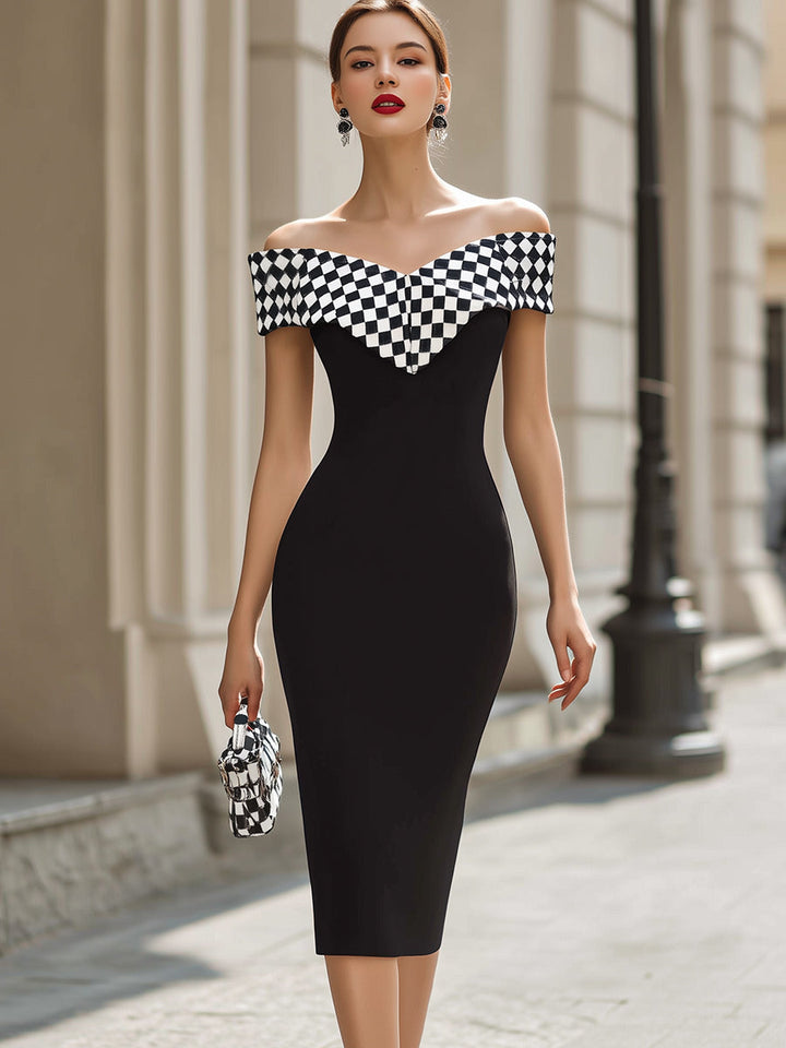 Rochie midi elegantă alb-negru, cu umerii goi