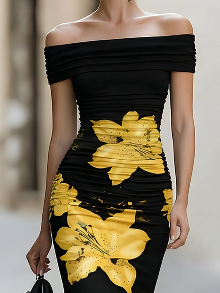 Rochie midi florală galbenă cu umeri goi