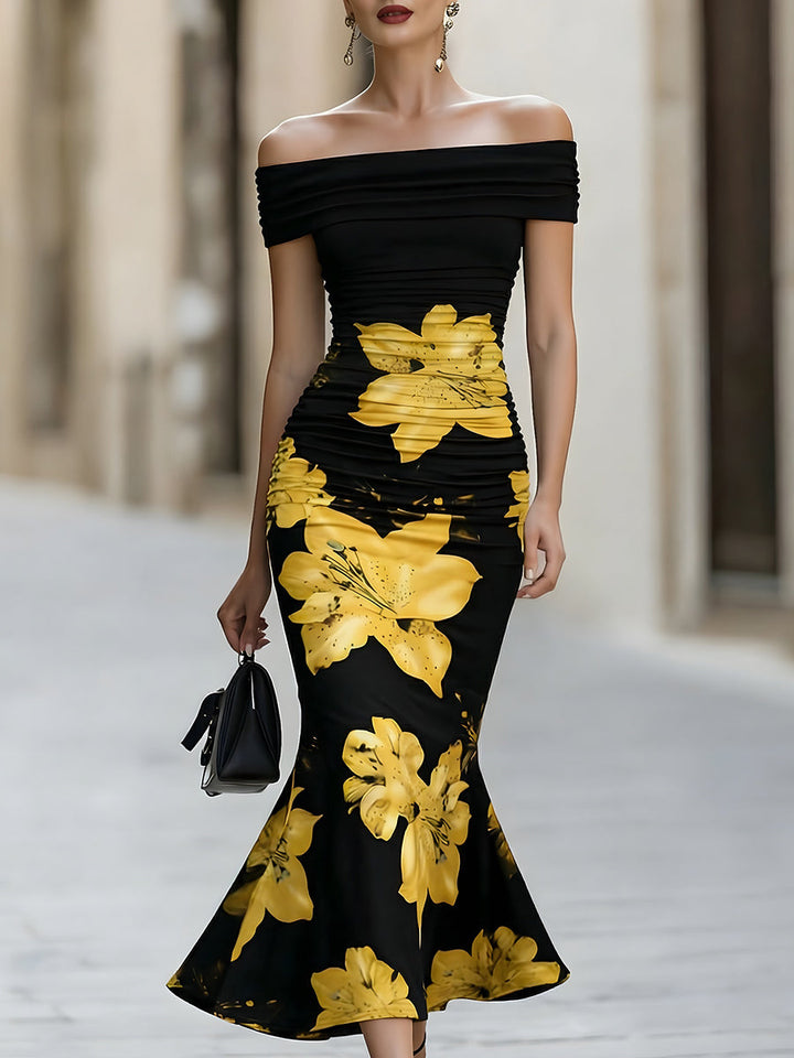 Rochie midi florală galbenă cu umeri goi