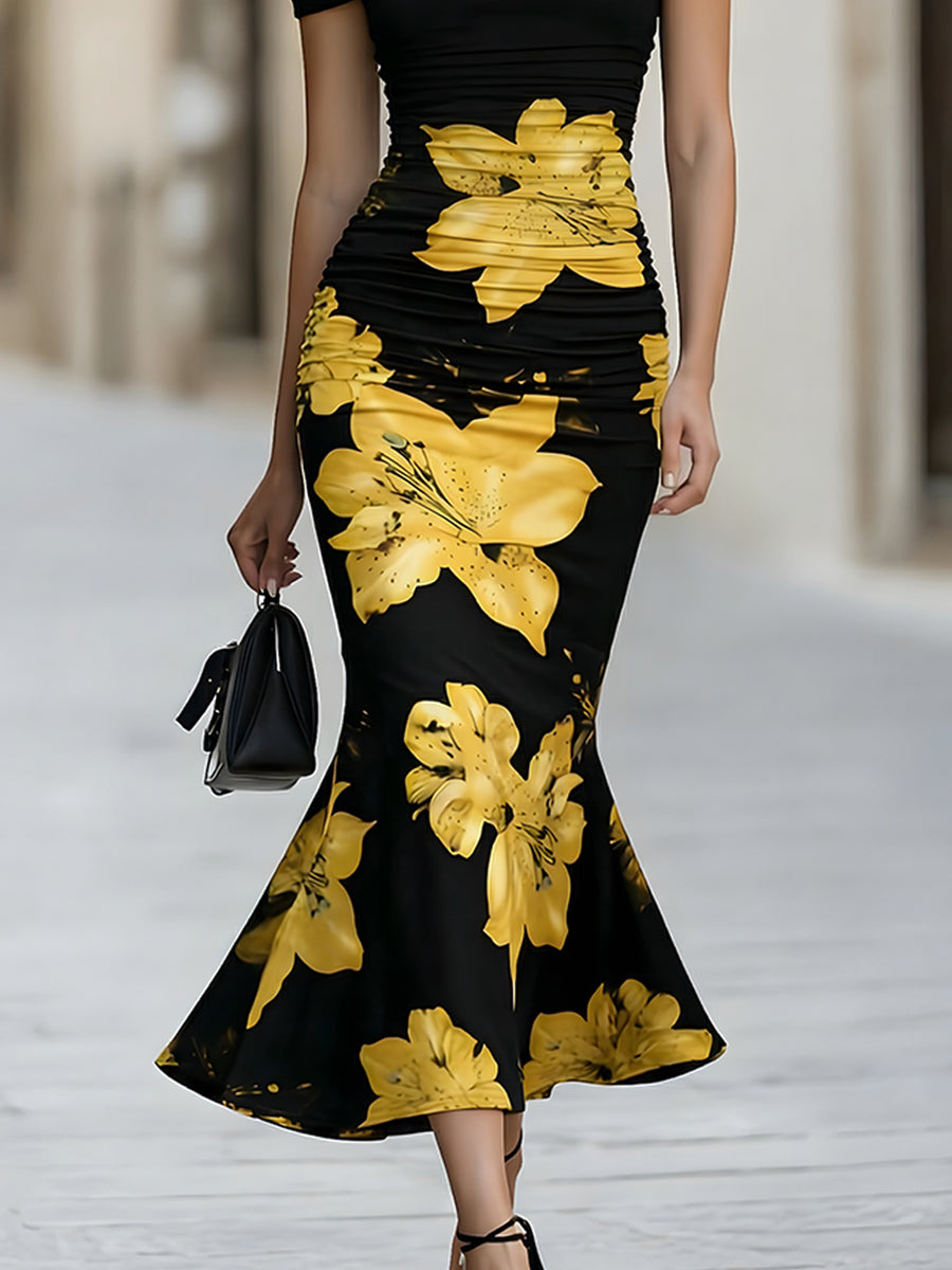 Rochie midi florală galbenă cu umeri goi