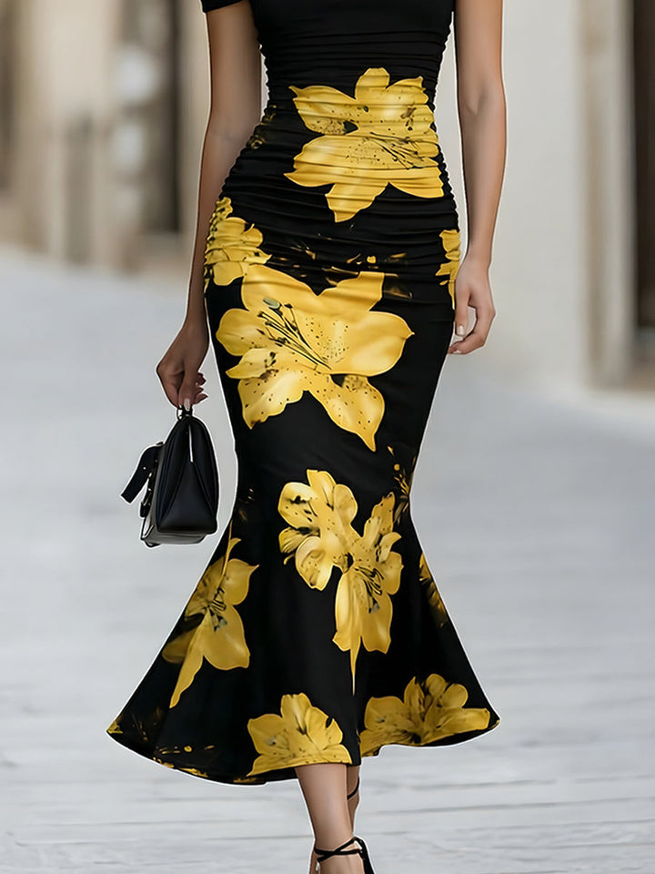 Rochie midi florală galbenă cu umeri goi