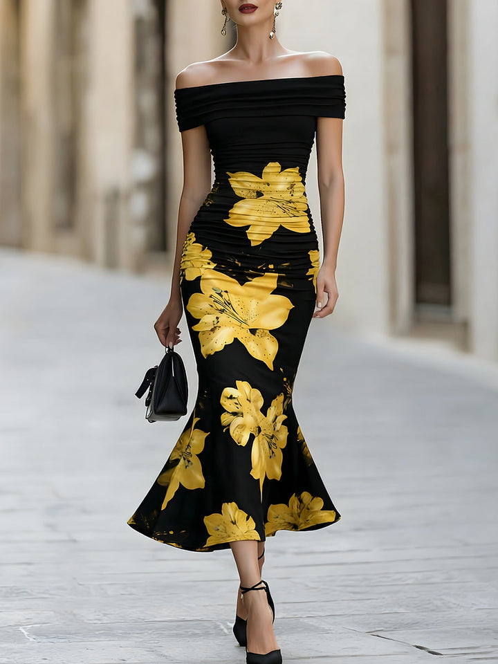 Rochie midi florală galbenă cu umeri goi