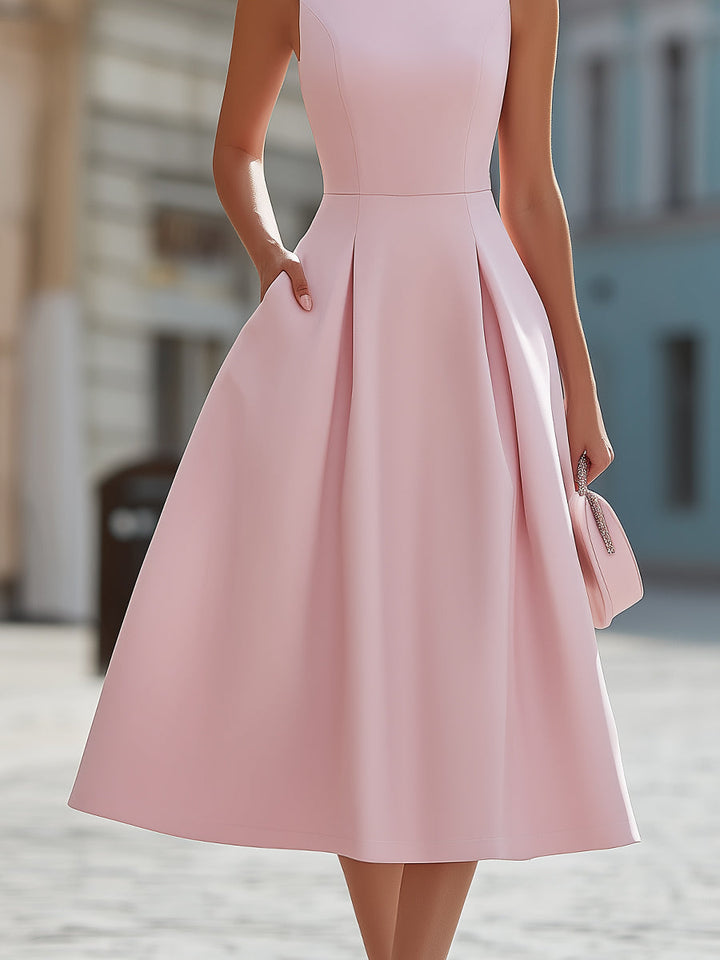 Rochie elegantă midi fără mâneci, cu decolteu decorat cu cristale, tip fit & flare