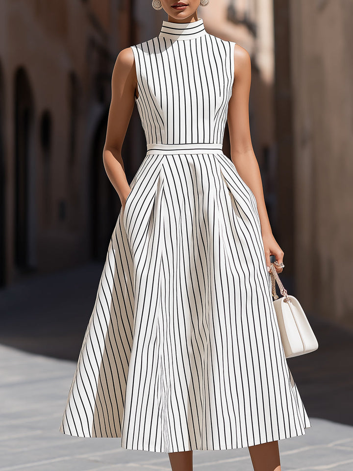 Rochie midi elegantă, fără mâneci, cu dungi și guler înalt