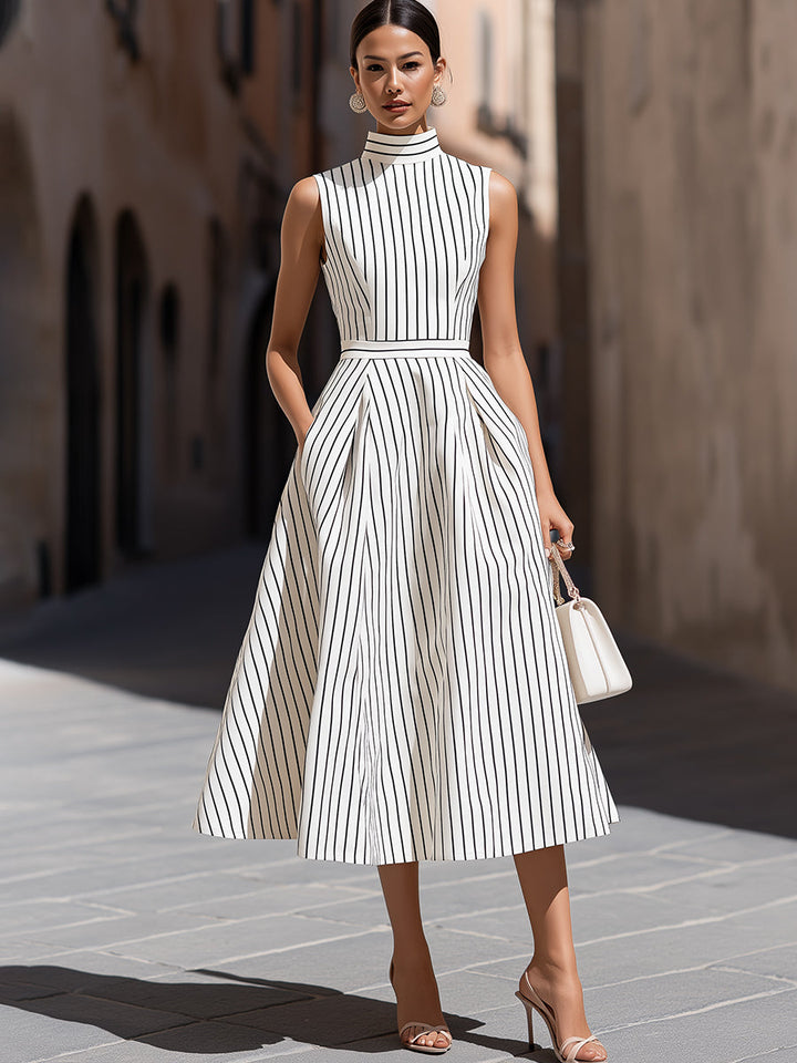 Rochie midi elegantă, fără mâneci, cu dungi și guler înalt